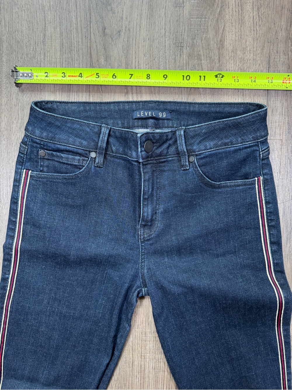 Level 99 Dark Wash Skinny Jeans with Red Stripe Trim 28 - Picture 4 of 11